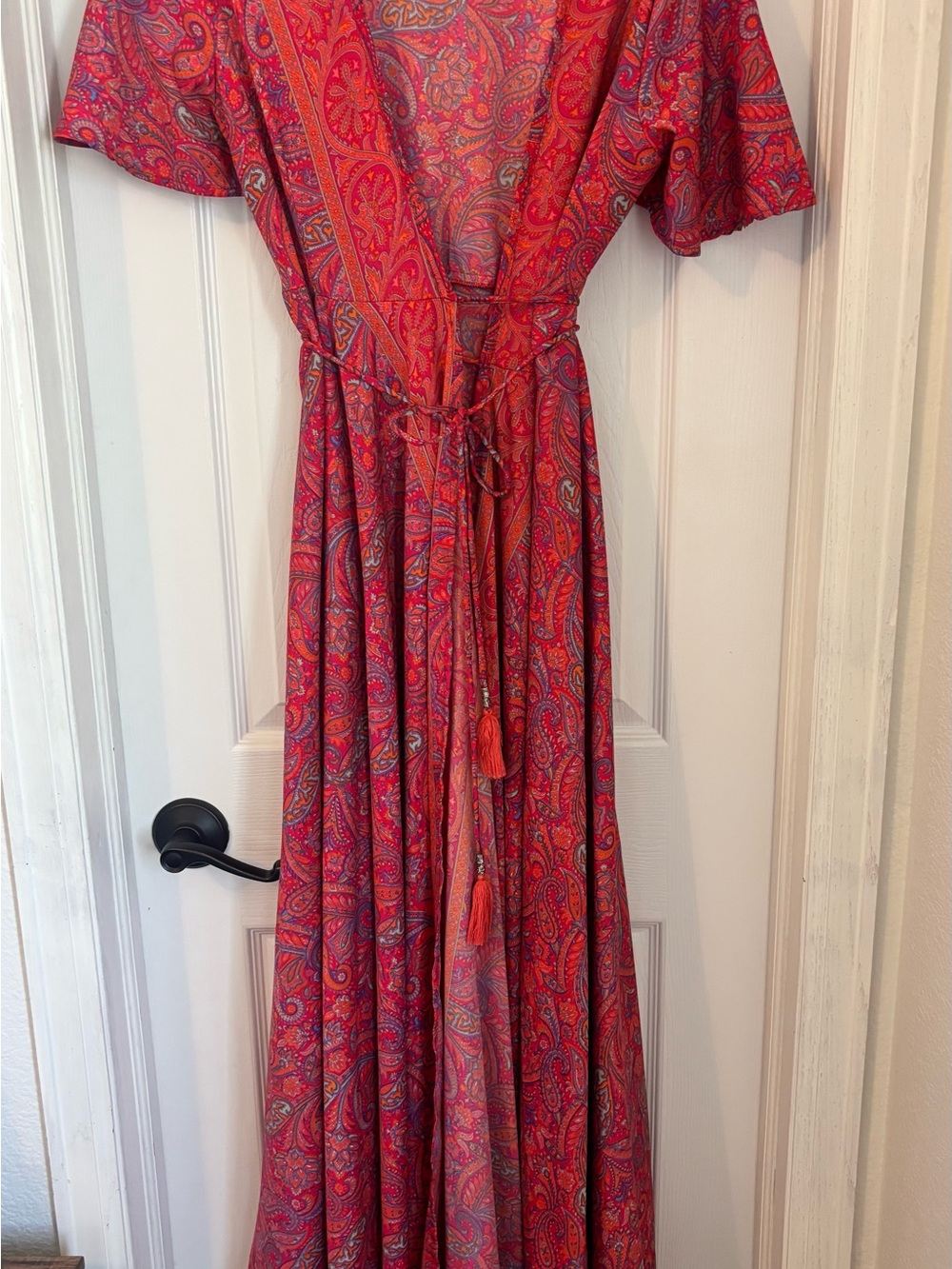 Vibrant Red Paisley Tie-Waist Maxi Dress
